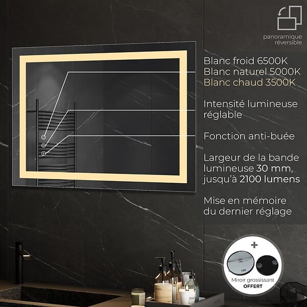 SANIVERRE - CIMEO Miroir lumineux LED 70 x 90 cm anti-buée + intensité 2100 lms & couleur réglables salle de bain - large