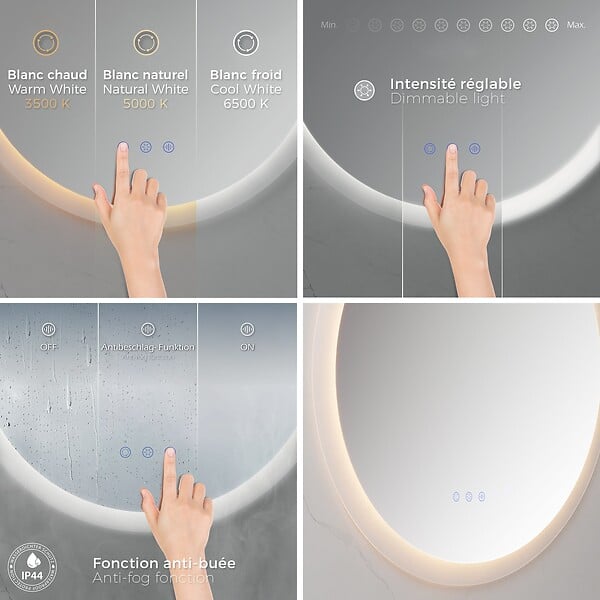 SANIVERRE - VEKIO Miroir LED lumineux Ø 80 cm rond antibuée + intensité et couleur réglables salle de bain - large