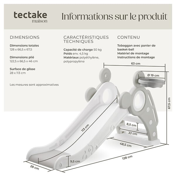 TECTAKE - Toboggan pliable JOY pour enfants avec panier de basket gris - large