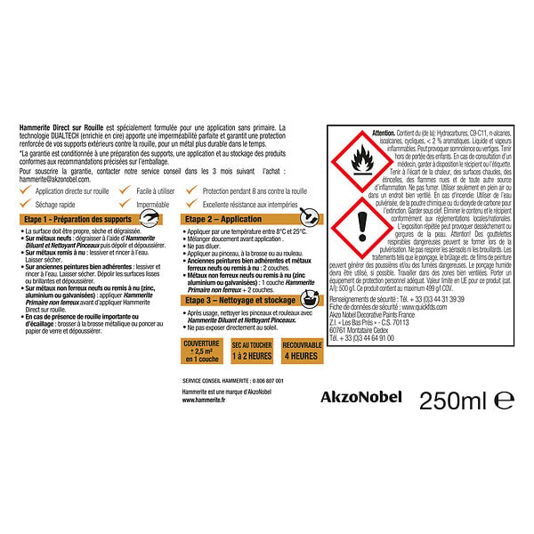 HAMMERITE - Peinture fer Hammerite Direct sur Rouille Brillant Blanc Pur 0,25 L - large