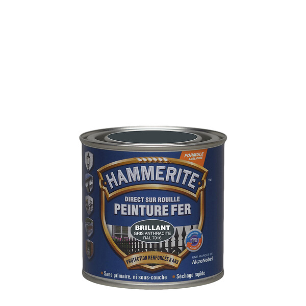 HAMMERITE - Peinture fer Hammerite Direct S/Rouille Brillant Gris Anthracite 0,25L - large
