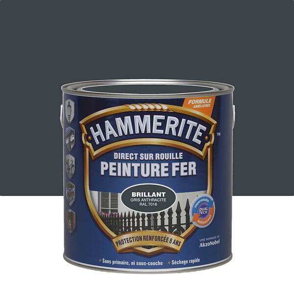 HAMMERITE - Peinture fer Hammerite Direct sur Rouille Brillant Gris Anthracite 2,5 - large
