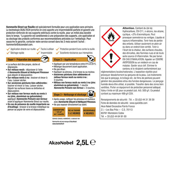 HAMMERITE - Peinture fer Hammerite Direct sur Rouille Brillant Gris Anthracite 2,5 - large