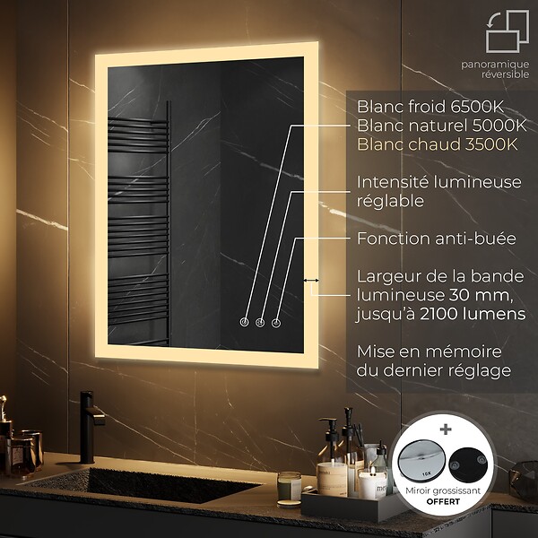SANIVERRE - TEMEO Miroir LED lumineux 50 x 70 cm antibuée + intensité 2100 lumens & 3 couleurs salle de bain - large
