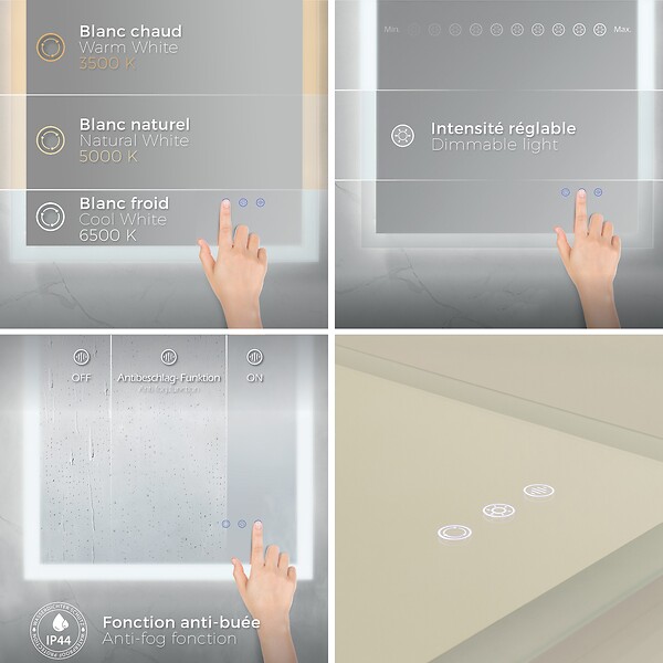 SANIVERRE - TEMEO Miroir LED lumineux 50 x 70 cm antibuée + intensité 2100 lumens & 3 couleurs salle de bain - large