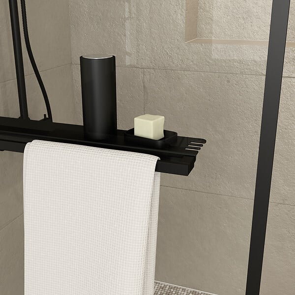 AURLANE - Paroi de Douche Noir Mat 80x200cm - Porte-serviette et étagère - DARK CONTOURING SHELF - large