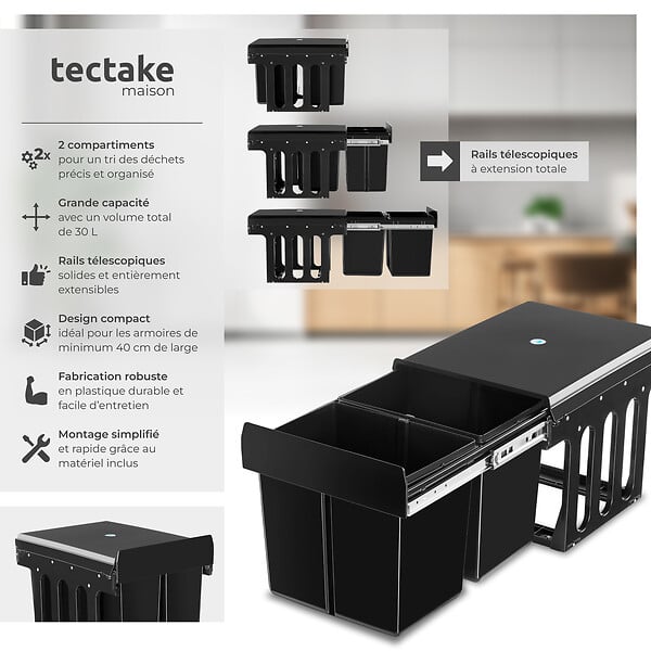 TECTAKE - Poubelle de tri ASHLYN 30 L avec 2 compartiments noir - large