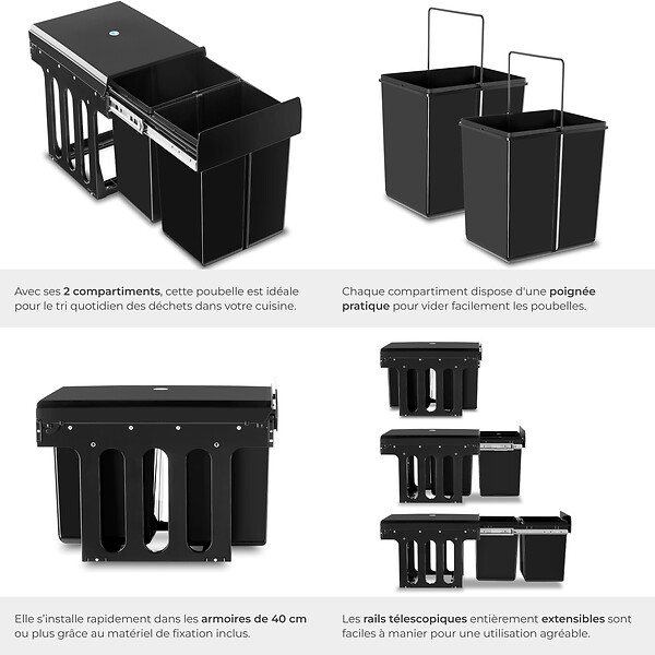TECTAKE - Poubelle de tri ASHLYN 30 L avec 2 compartiments noir - large
