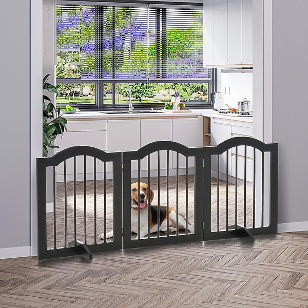 PAWHUT - Barrière de sécurité barrière modulable pliable pour animaux de compagnie - piètement support - dim. 154,5L x 61H cm - MDF bois noir - large