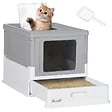PAWHUT - Maison de toilette pliable pour chat - tiroir à litière coulissant, porte battante et trappe transparente, pelle - blanc gris - vignette