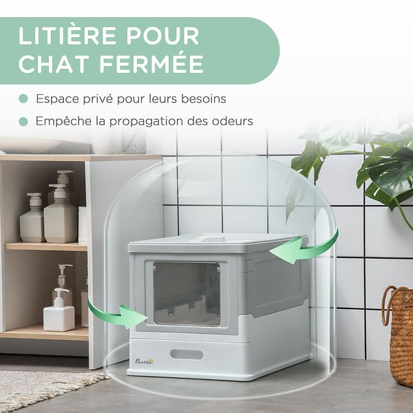 PAWHUT - Maison de toilette pliable pour chat - tiroir à litière coulissant, porte battante et trappe transparente, pelle - blanc gris - large