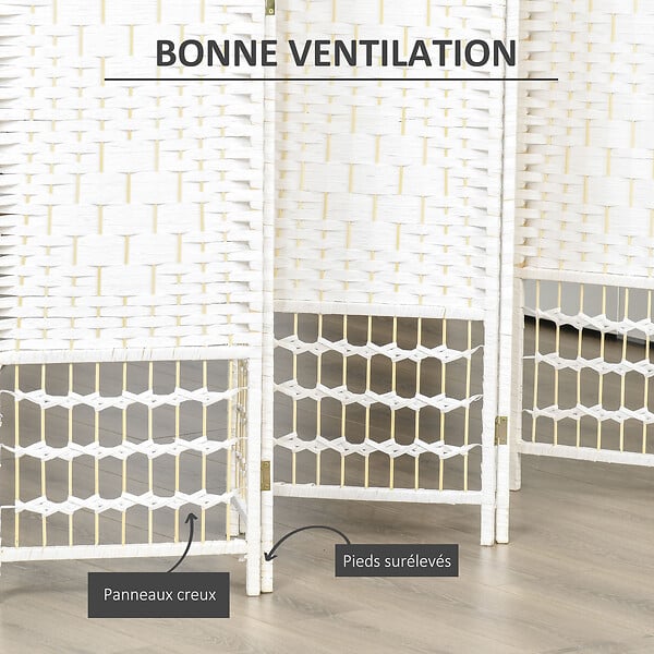 HOMCOM - Paravent intérieur 6 panneaux pliables séparateur de pièce bois de peuplier bambou fibres de papier tressée blanc paille - large