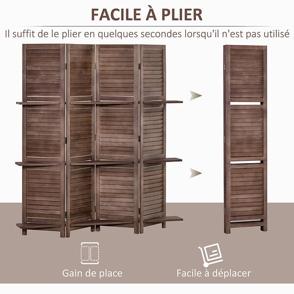 HOMCOM - Paravent intérieur 4 panneaux 3 étagères pliables séparateur de pièce portes persiennes bois de paulownia aspect acajou foncé - large