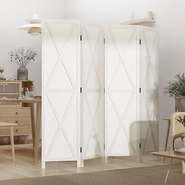 HOMCOM - Paravent intérieur 4 panneaux style campagnard chic - séparateur de pièce avec croisillons - bois de paulownia blanc - large