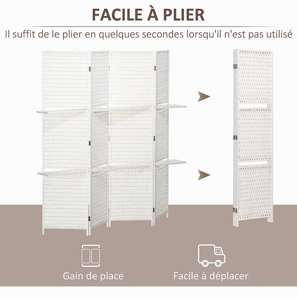 HOMCOM - Paravent intérieur 4 panneaux 2 étagères pliables séparateur de pièce bois de pin bambou fibres de papier tressée blanc paille - large