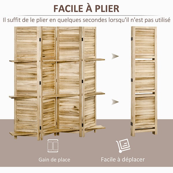 HOMCOM - Paravent intérieur 4 panneaux 3 étagères pliables séparateur de pièce portes persiennes bois de paulownia aspect pin autoclave - large