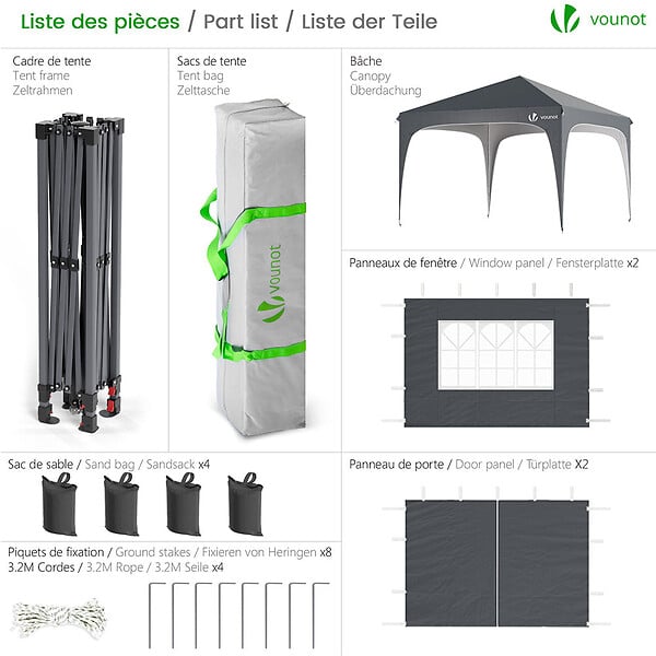 VOUNOT - Tonnelle de jardin Arquee 3x3m Pliable avec porte et fenetre amovible gris - large