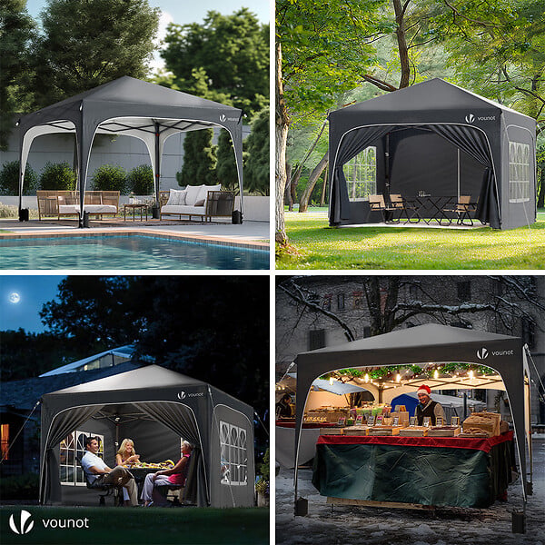 VOUNOT - Tonnelle de jardin Arquee 3x3m Pliable avec porte et fenetre amovible gris - large
