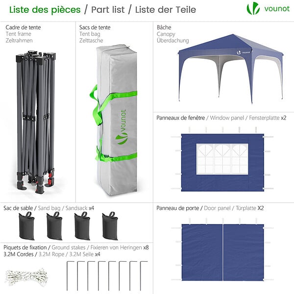 VOUNOT - Tonnelle de jardin Arquee 3x3m Pliable avec porte et fenetre amovible bleu - large