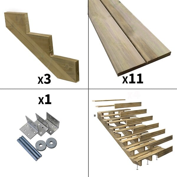 DECKLINEA - Escalier Bois Exterieur - 7 Marches Pleines - Largeur : 1m20 - Hauteur : 1m19 - Avec Contremarches - Pin du Nord - Traité Autoclave - large