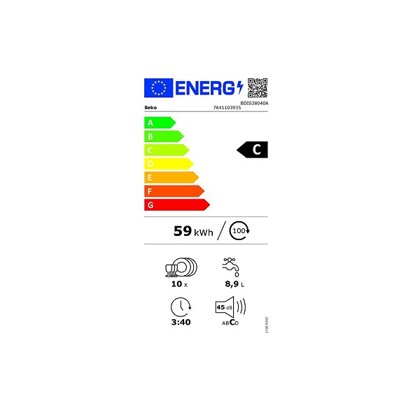BEKO - lave-vaisselle 45cm 10 couverts 45db tout intégrable - BDIS38040A - large