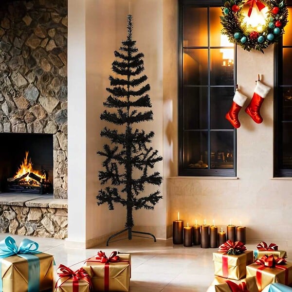 VIDAXL - vidaXL Demi sapin de Noël artificiel mince avec support Noir 180 cm - large