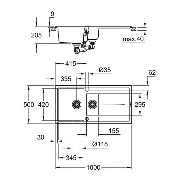 GROHE - Évier K400 GROHE 31642AP0 1 bac + 1/2 bac + 1 égouttoir - noir granite - large