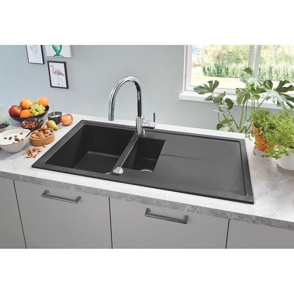 GROHE - Évier K400 GROHE 31642AP0 1 bac + 1/2 bac + 1 égouttoir - noir granite - large
