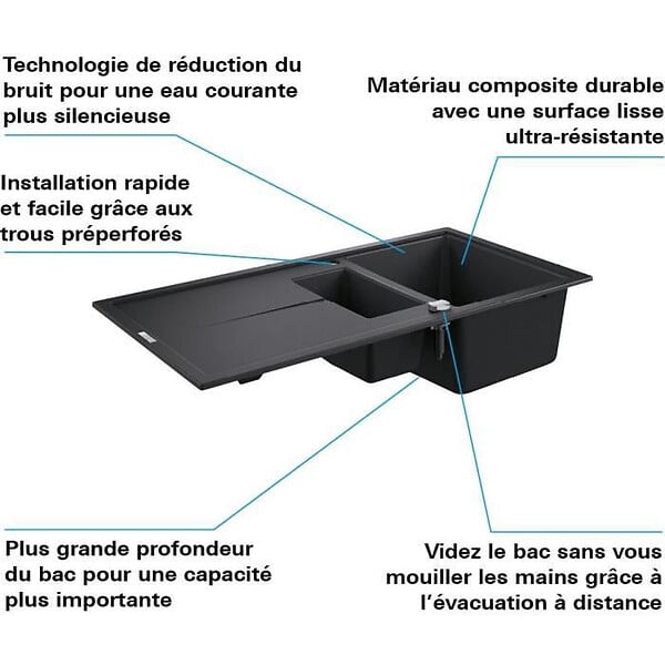 GROHE - Évier K400 GROHE 31642AP0 1 bac + 1/2 bac + 1 égouttoir - noir granite - large