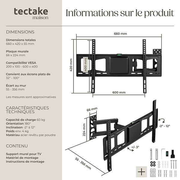 TECTAKE - Support TV Mural pour Ecran Plat 32" à 100" noir - large