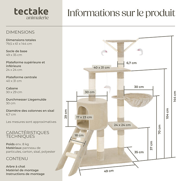 TECTAKE - Arbre à chat DOMINIQUE 142 cm beige - large