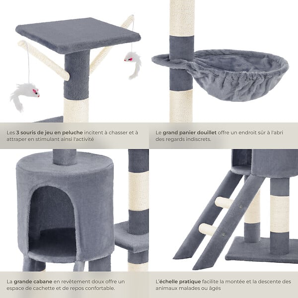 TECTAKE - Arbre à chat DOMINIQUE 142 cm gris - large
