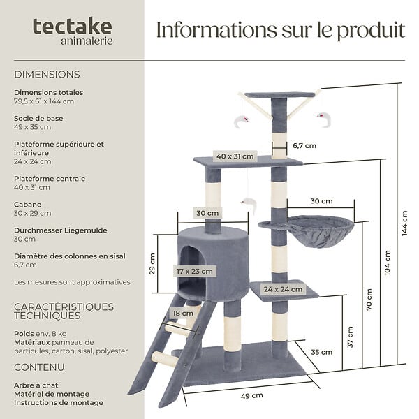 TECTAKE - Arbre à chat DOMINIQUE 142 cm gris - large