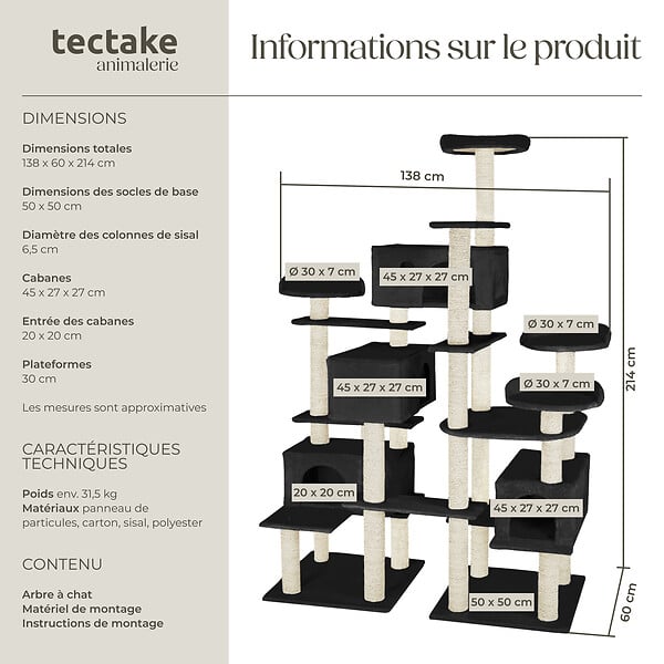 TECTAKE - Arbre à Chat Entissar 214 cm noir - large