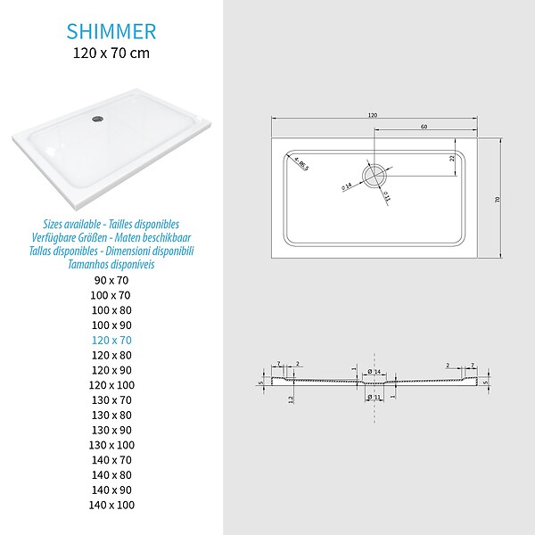 SANIVERRE - SHIMMER Receveur de douche 70 x 120 cm acrylique Blanc + bonde et siphon inclus - Salle de bain - large