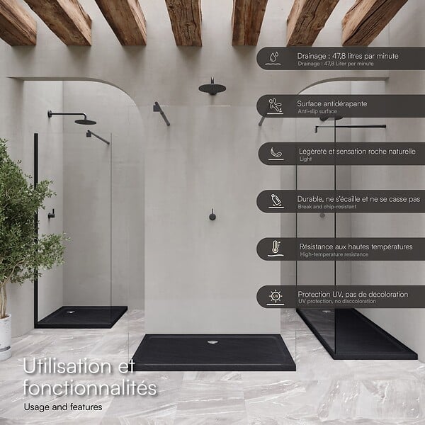 SANIVERRE - SHIMMER STONE Receveur de douche 80 x 90 cm acrylique Noir effet pierre + bonde et siphon inclus - Salle de bain - large