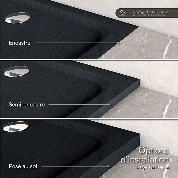 SANIVERRE - SHIMMER STONE Receveur de douche 80 x 90 cm acrylique Noir effet pierre + bonde et siphon inclus - Salle de bain - large