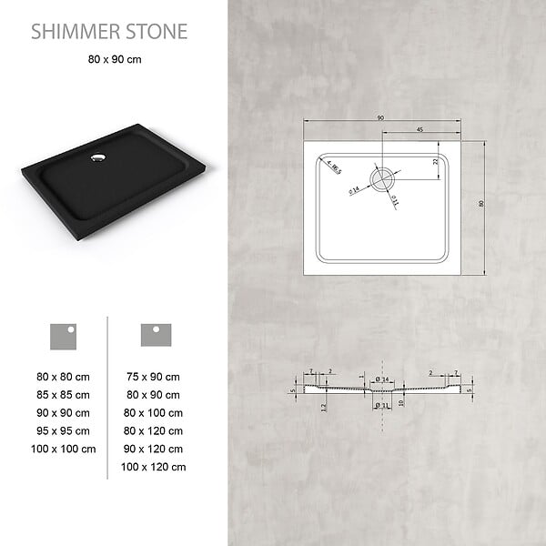 SANIVERRE - SHIMMER STONE Receveur de douche 80 x 90 cm acrylique Noir effet pierre + bonde et siphon inclus - Salle de bain - large