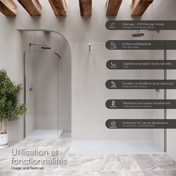 SANIVERRE - HIEMAL Receveur de douche 80 x 160 cm résine Blanc aspect ardoise + bonde incluse - Salle de bain - large