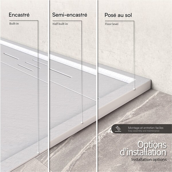 SANIVERRE - HIEMAL Receveur de douche 80 x 160 cm résine Blanc aspect ardoise + bonde incluse - Salle de bain - large