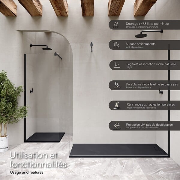 SANIVERRE - HIEMAL Receveur de douche 80 x 120 cm résine Noir aspect ardoise + bonde incluse - Salle de bain - large
