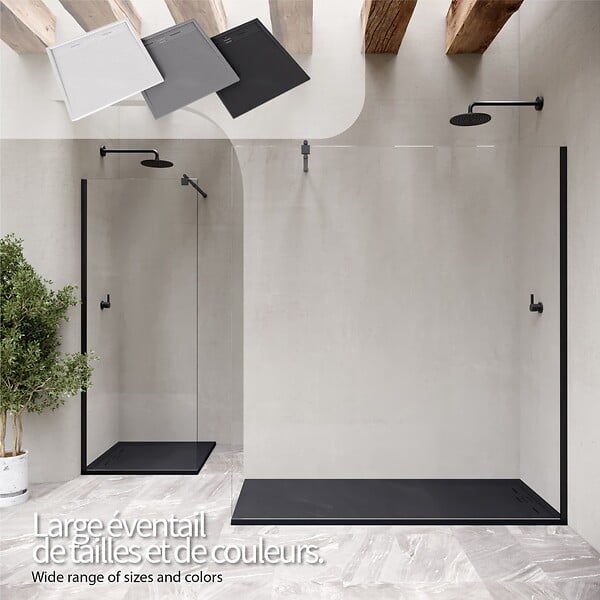 SANIVERRE - HIEMAL Receveur de douche 80 x 120 cm résine Noir aspect ardoise + bonde incluse - Salle de bain - large