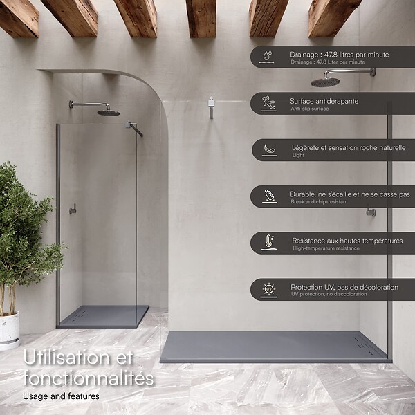 SANIVERRE - HIEMAL Receveur de douche 90 x 120 cm résine Gris aspect ardoise + bonde incluse - Salle de bain - large
