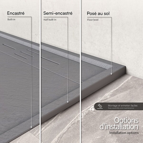 SANIVERRE - HIEMAL Receveur de douche 90 x 120 cm résine Gris aspect ardoise + bonde incluse - Salle de bain - large