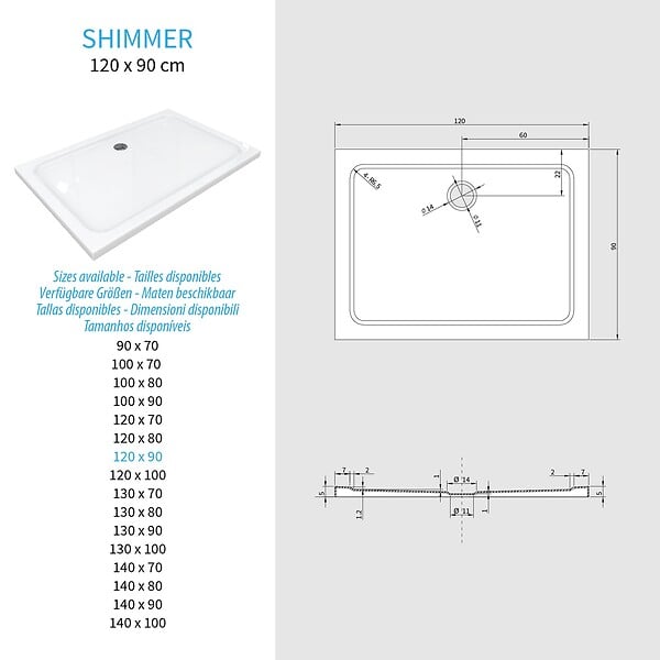 SANIVERRE - SHIMMER Receveur de douche 90 x 120 cm acrylique Blanc + bonde et siphon inclus - Salle de bain - large
