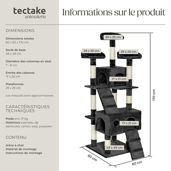 TECTAKE - Arbre à chat MOGLI 170 cm noir - large