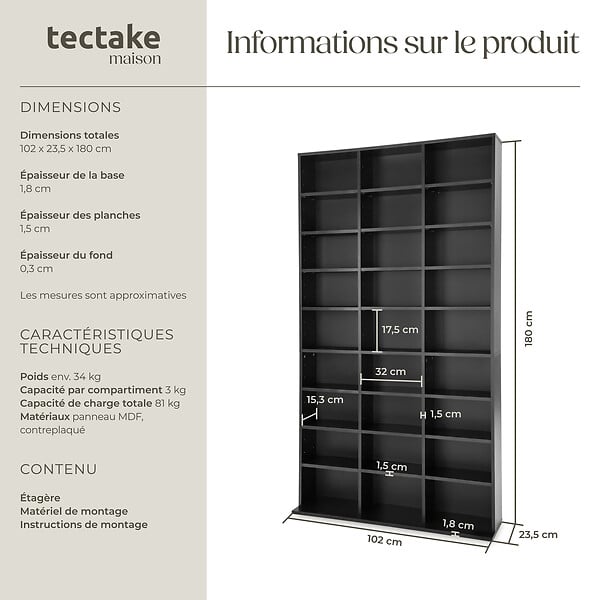 TECTAKE - Étagère bibliothèque Christel 180 x 102 x 23,5cm noir - large