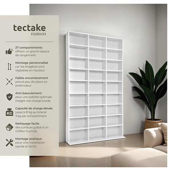 TECTAKE - Étagère bibliothèque Christel 180 x 102 x 23,5cm blanc - large