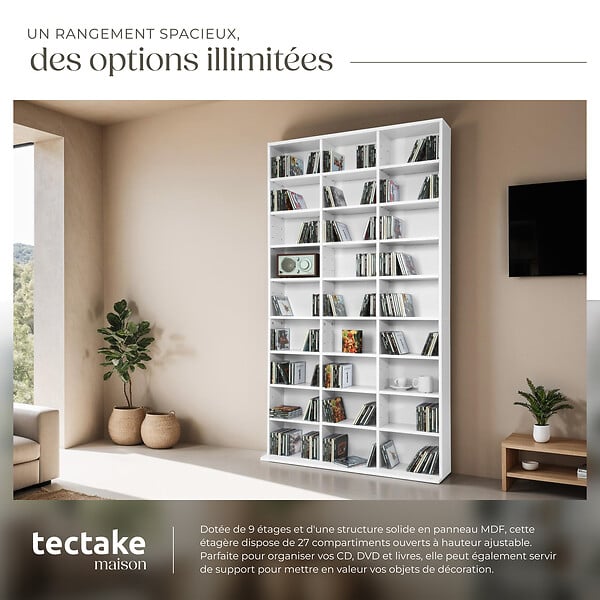 TECTAKE - Étagère bibliothèque Christel 180 x 102 x 23,5cm blanc - large