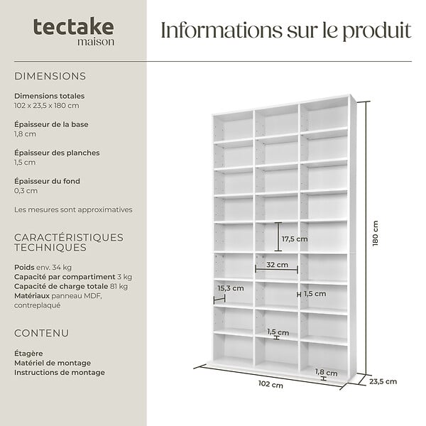 TECTAKE - Étagère bibliothèque Christel 180 x 102 x 23,5cm blanc - large